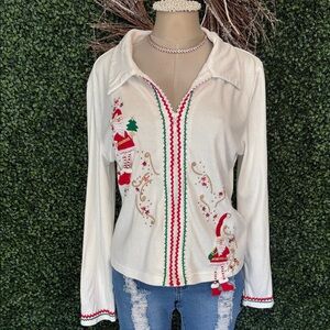 Lisa International Holiday Embroidered Button Down Shirt